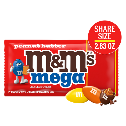 M&M'S Mega Peanut Butter Chocolate Candy, Share Size, 2.83 Oz Pack